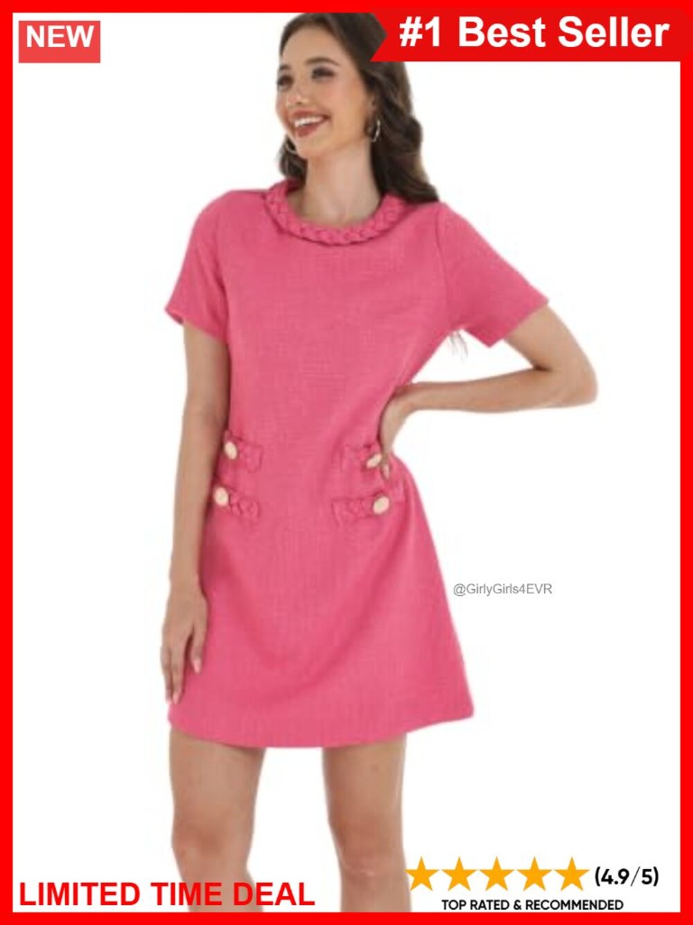 Tweed Jackie Cocktail Mini Shift Dress Braided Trim Gold Buttons - Picture 2 of 6
